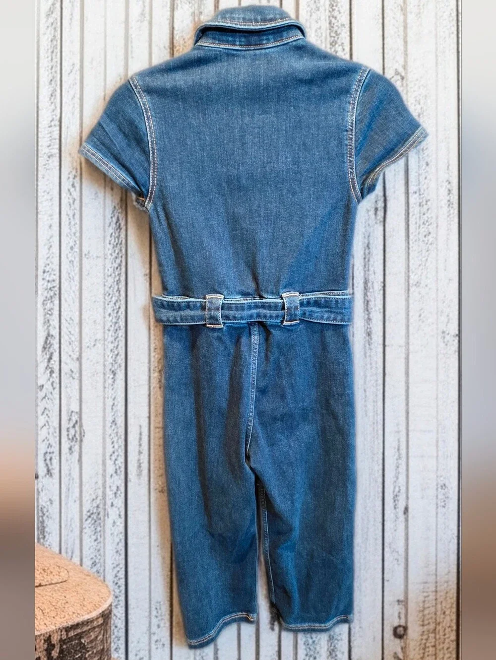 936 Abercrombie Kids Dark Wash Denim Short Sleeve Jumpsuit Zipper Tie Waist